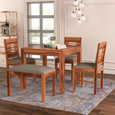 ONIJA Sheesham Wood 3 Chair with 1 Bench Dining Table Set with Cushioned Chairs for Dining Room | Living Room | Hotels Restaurant (4 Seater with Bench, Honey Finish) - HONEY FINISH
